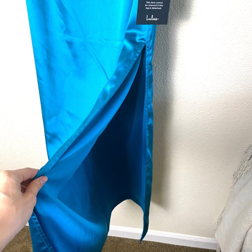 NWT Lulus Easy Radiance Satin Slip Maxi Dress Sleeveless Leg Slit Gown Teal Blue - Picture 7 of 7